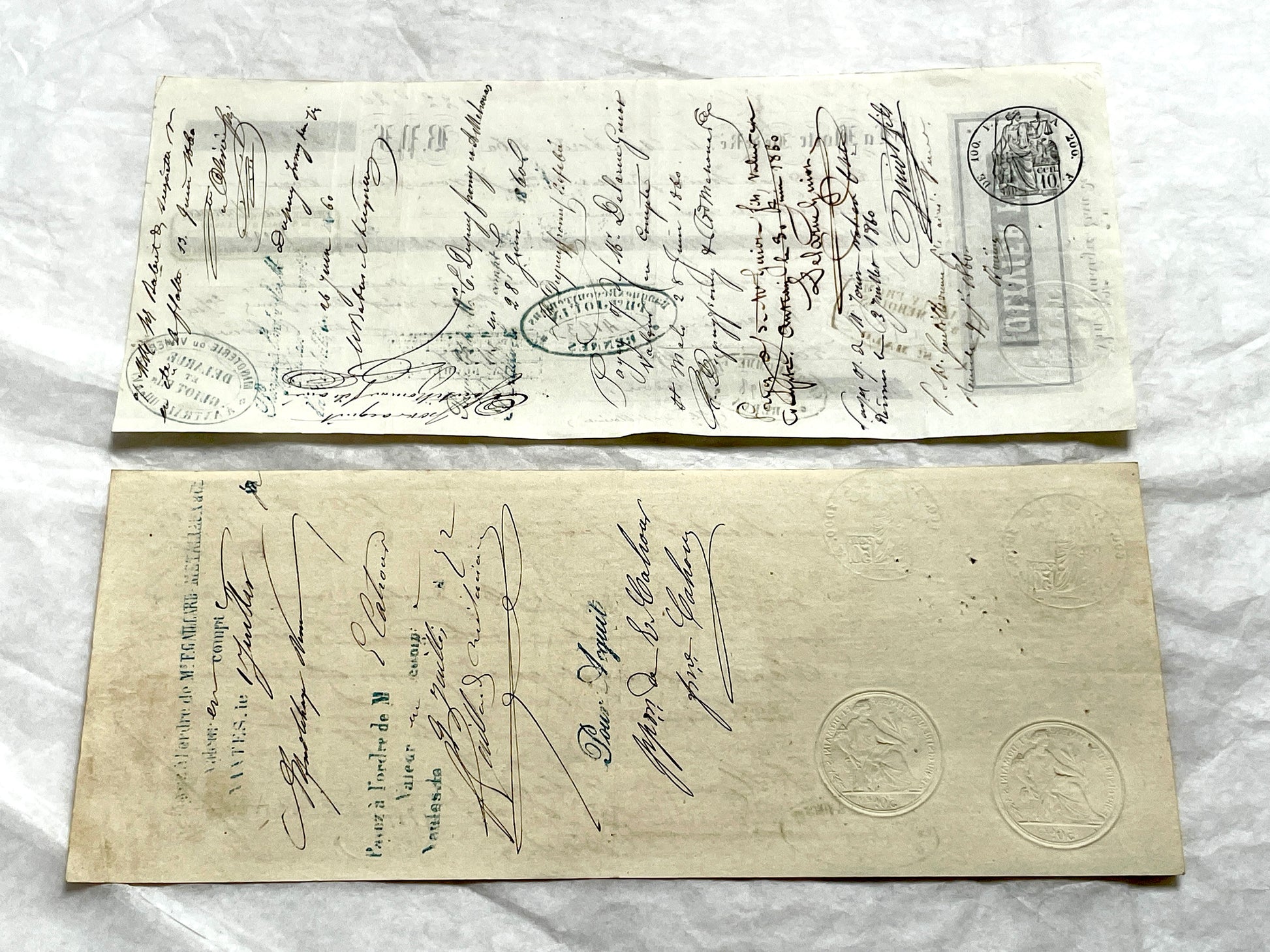 Set of 6 French Late 19th Century exchange letters with handwritten text, stamps, and financial notations.