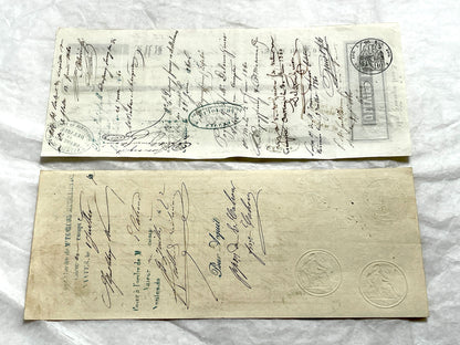 Set of 6 French Late 19th Century exchange letters with handwritten text, stamps, and financial notations.