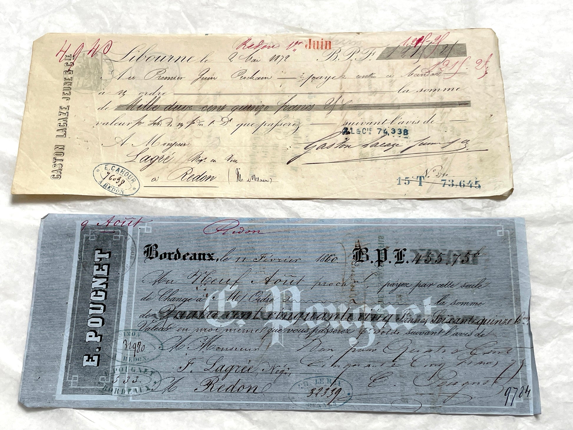 Set of 6 French Late 19th Century exchange letters with handwritten text, stamps, and financial notations.