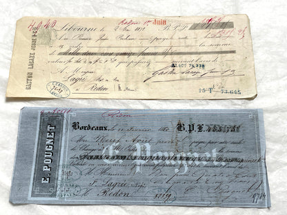 Set of 6 French Late 19th Century exchange letters with handwritten text, stamps, and financial notations.