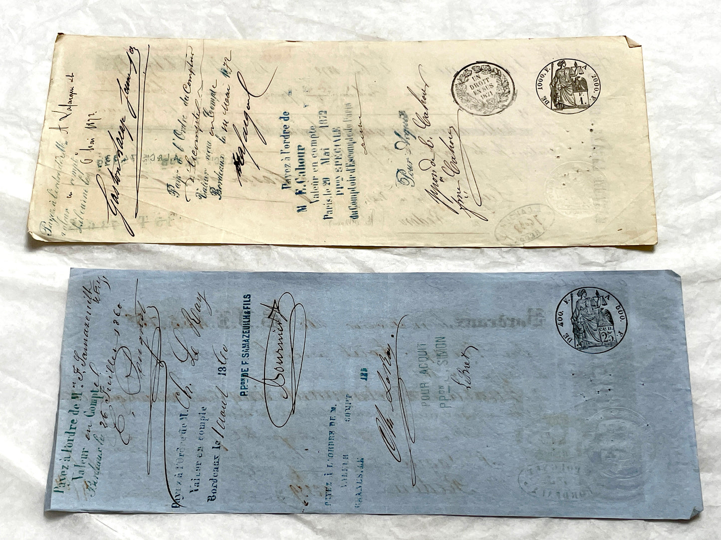 Set of 6 French Late 19th Century exchange letters with handwritten text, stamps, and financial notations.