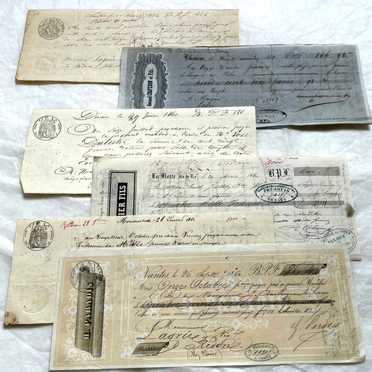 Set of 6 Mid 19th Century French exchange letters with handwritten script and official stamps, historical financial documents