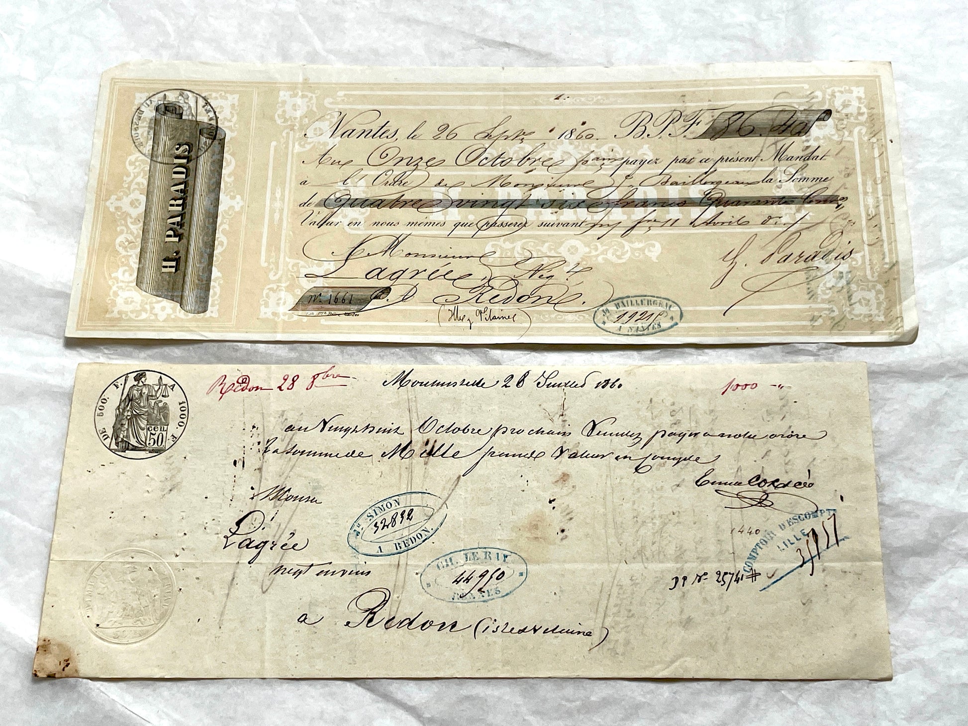 Set of 6 Mid 19th Century French exchange letters with handwritten script and official stamps, historical financial documents