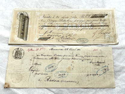 Set of 6 Mid 19th Century French exchange letters with handwritten script and official stamps, historical financial documents