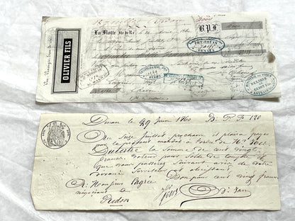 Set of 6 Mid 19th Century French exchange letters with handwritten script and official stamps, historical financial documents