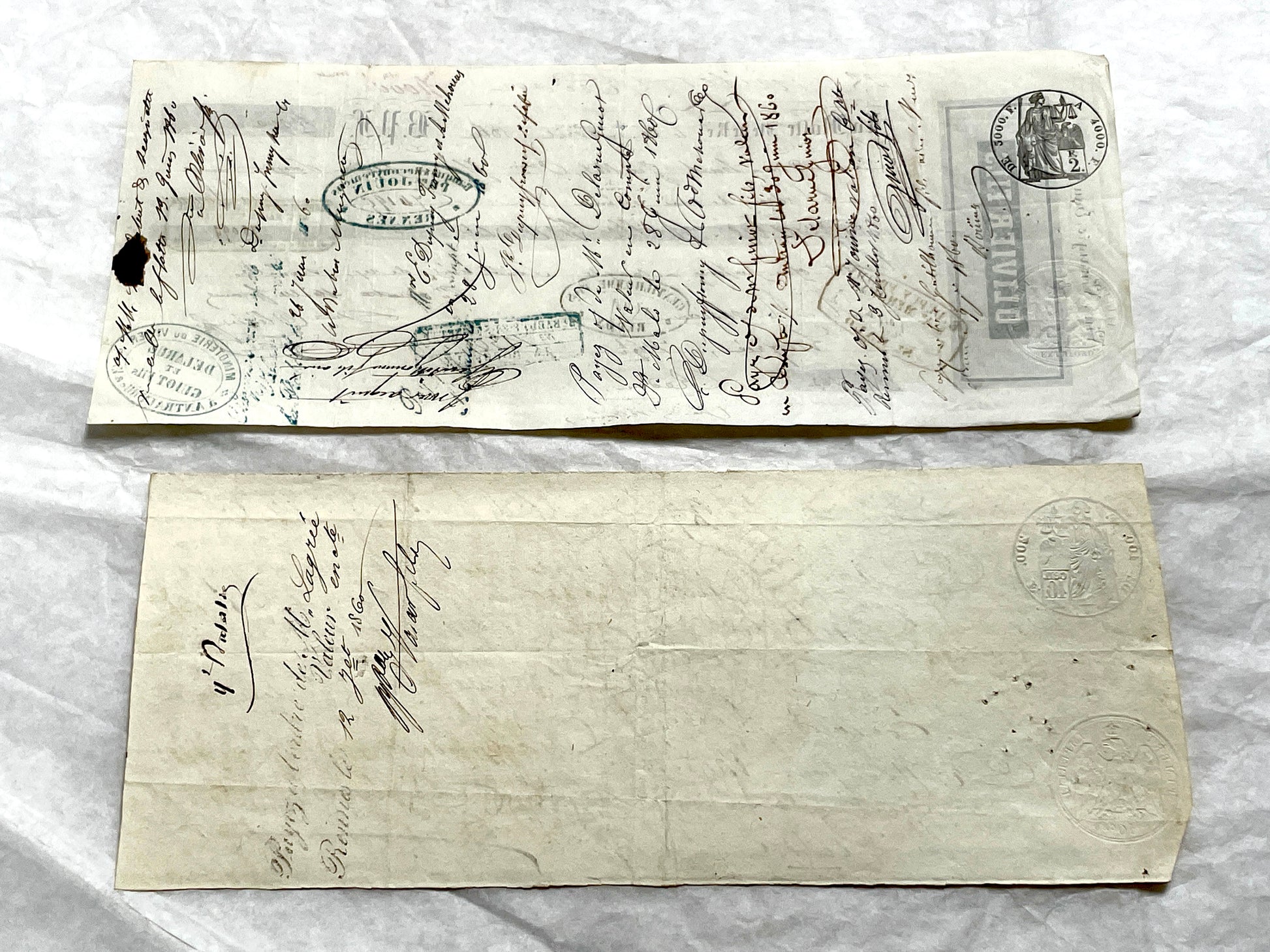 Set of 6 Mid 19th Century French exchange letters with handwritten script and official stamps, historical financial documents