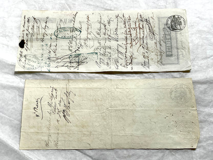 Set of 6 Mid 19th Century French exchange letters with handwritten script and official stamps, historical financial documents