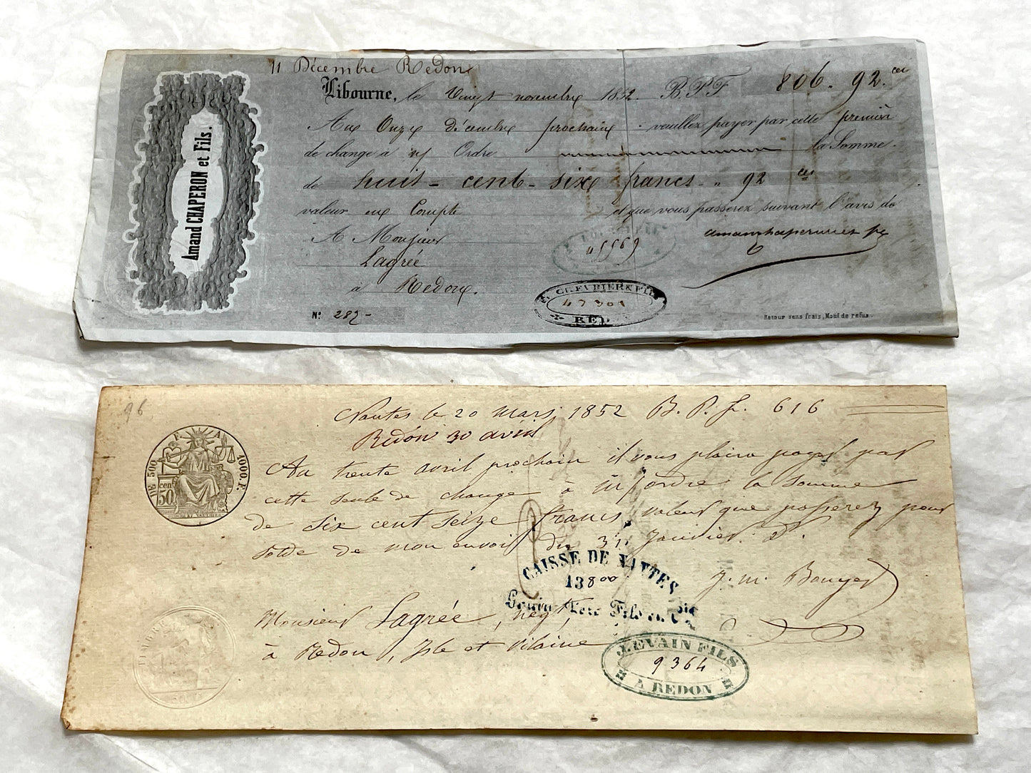 Set of 6 Mid 19th Century French exchange letters with handwritten script and official stamps, historical financial documents