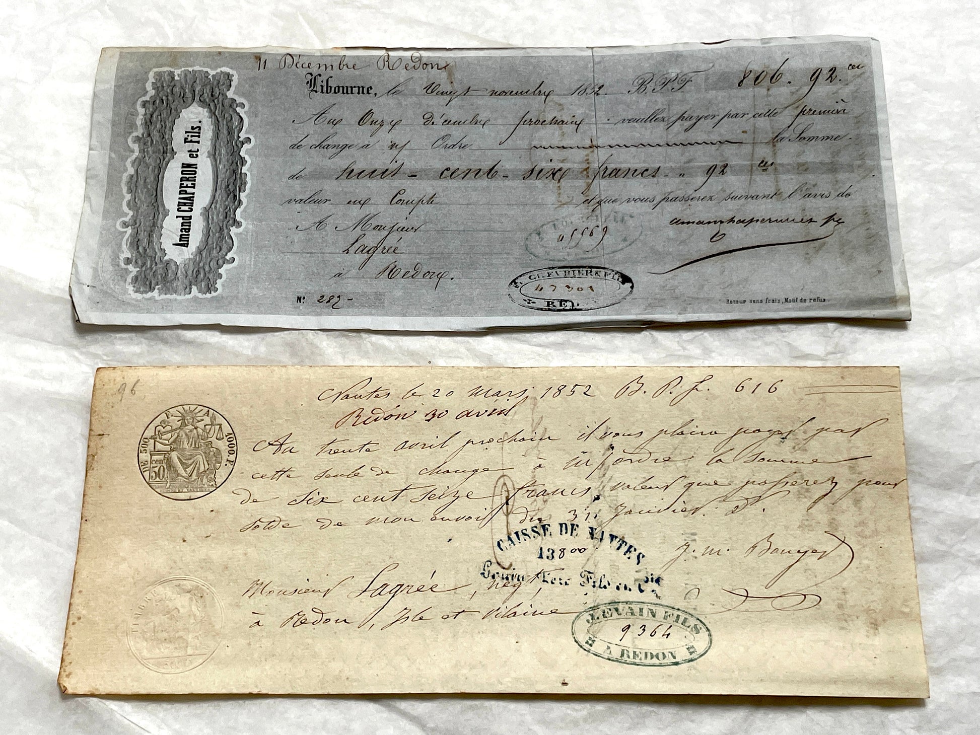 Set of 6 Mid 19th Century French exchange letters with handwritten script and official stamps, historical financial documents