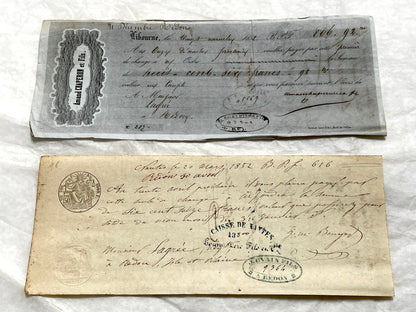 Set of 6 Mid 19th Century French exchange letters with handwritten script and official stamps, historical financial documents