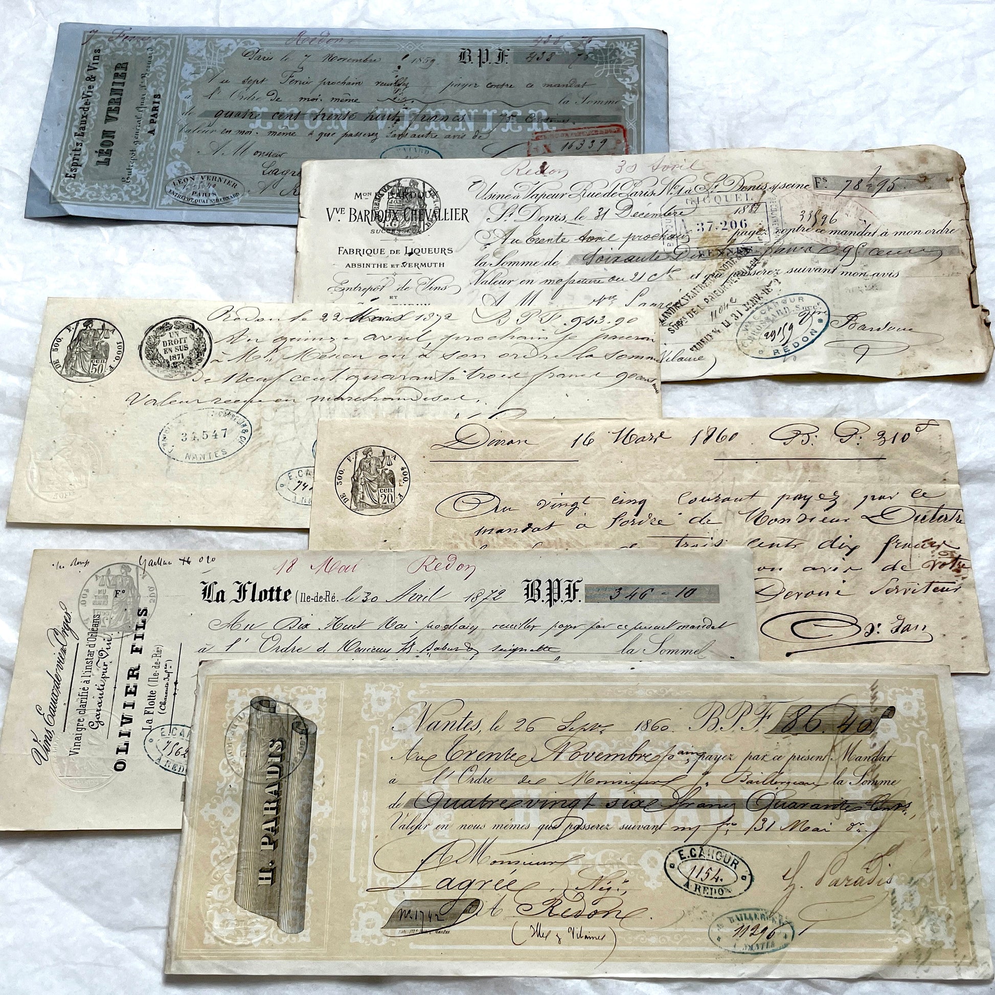 Late 19th century set of 6 French exchange letters, showcasing handwritten details and historical financial stamps.