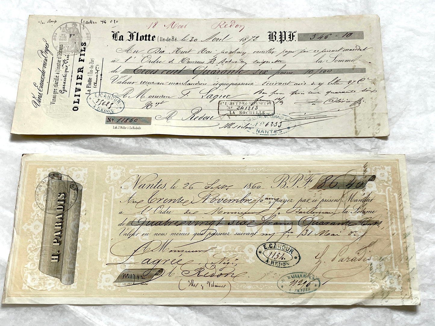 Late 19th century set of 6 French exchange letters, showcasing handwritten details and historical financial stamps.