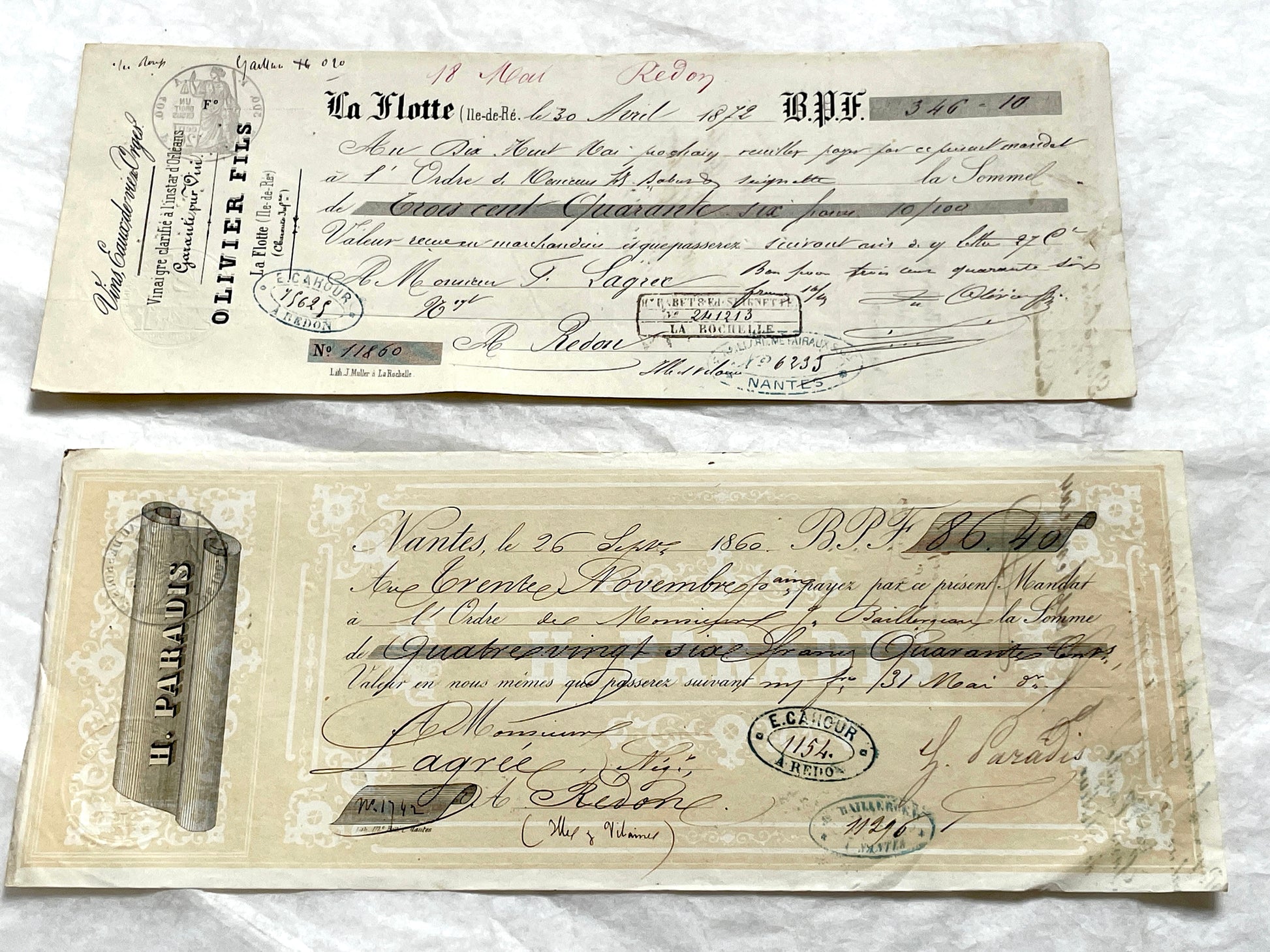 Late 19th century set of 6 French exchange letters, showcasing handwritten details and historical financial stamps.