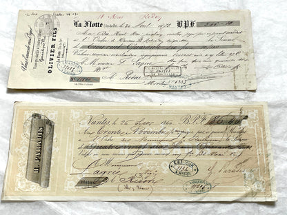 Late 19th century set of 6 French exchange letters, showcasing handwritten details and historical financial stamps.