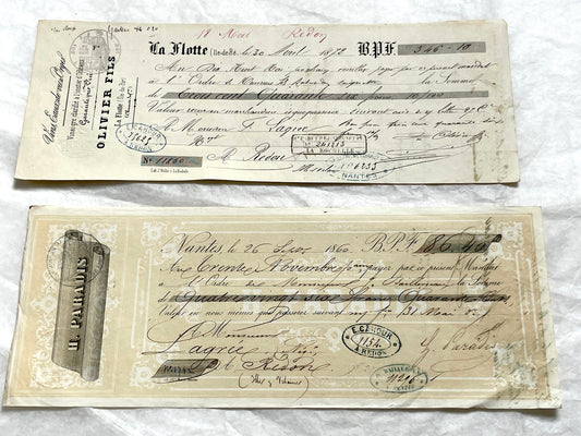 Late 19th century set of 6 French exchange letters, showcasing handwritten details and historical financial stamps.