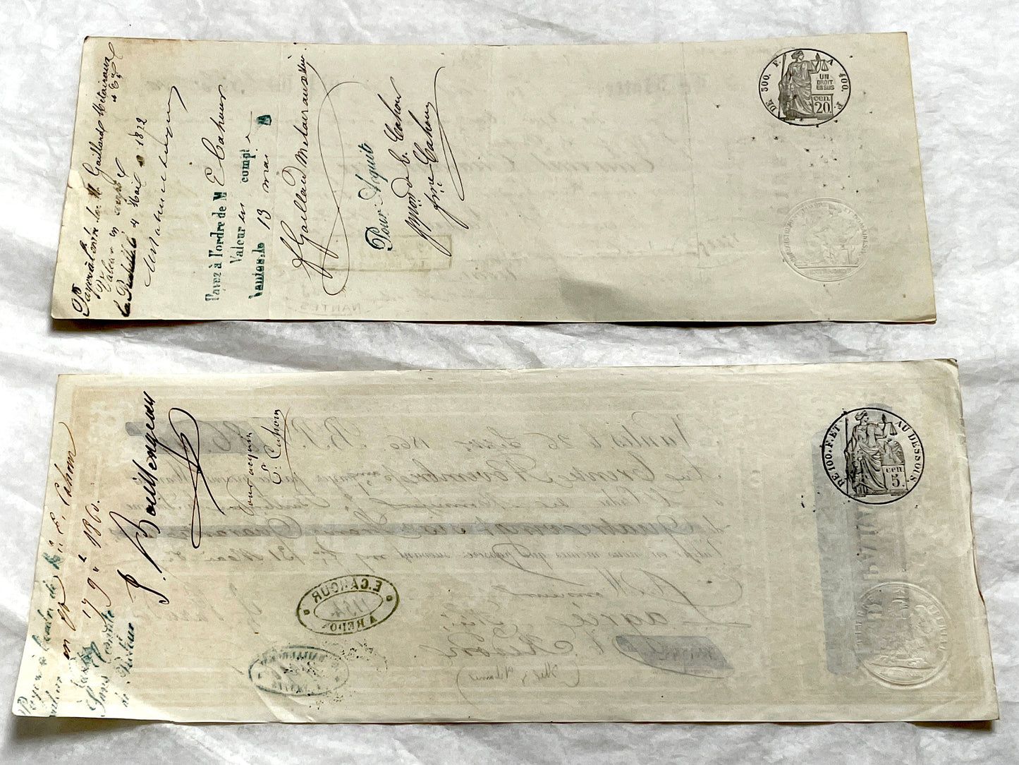 Late 19th century set of 6 French exchange letters, showcasing handwritten details and historical financial stamps.