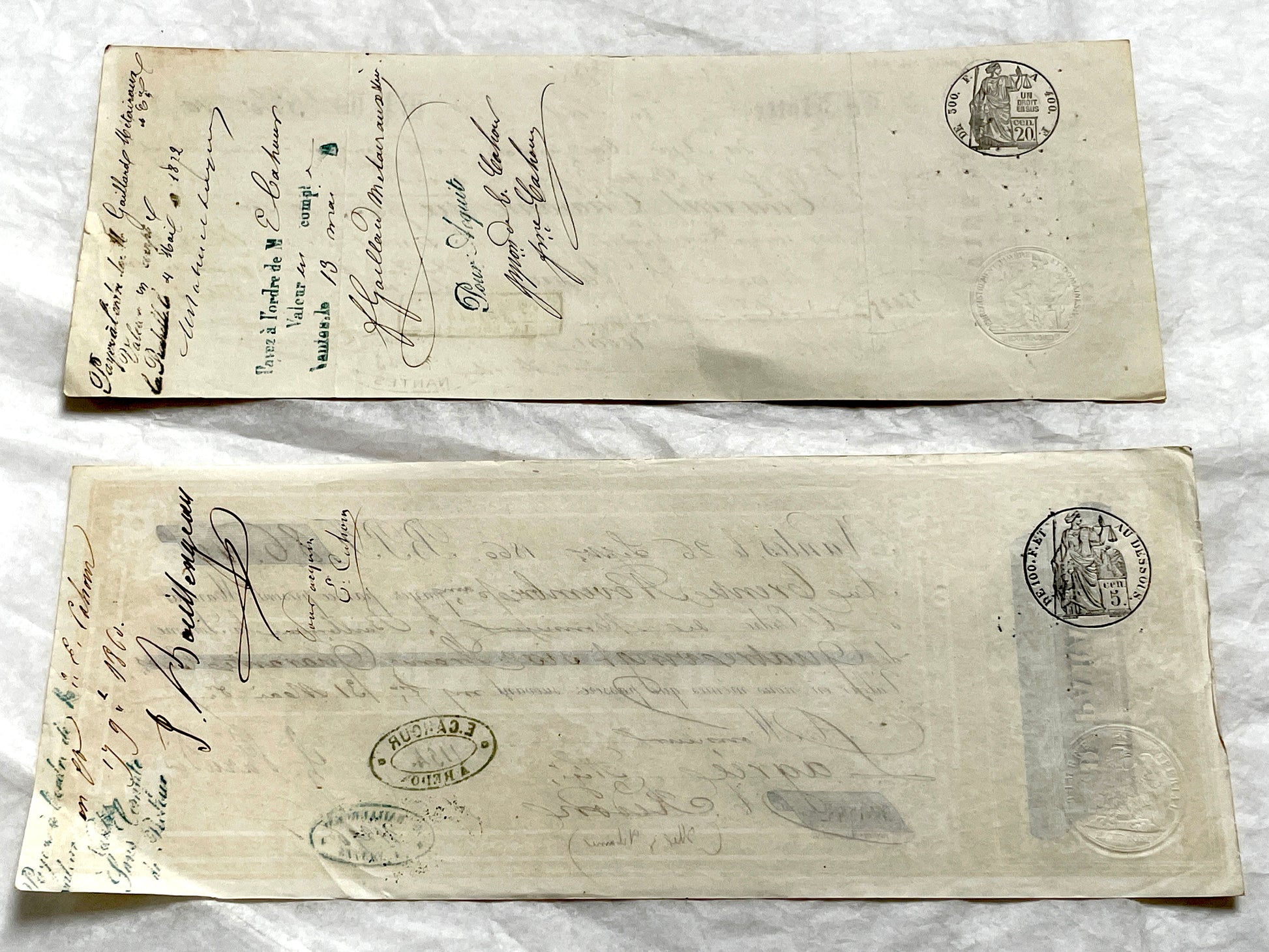 Late 19th century set of 6 French exchange letters, showcasing handwritten details and historical financial stamps.