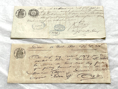 Late 19th century set of 6 French exchange letters, showcasing handwritten details and historical financial stamps.