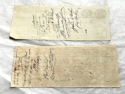 Late 19th century set of 6 French exchange letters, showcasing handwritten details and historical financial stamps.