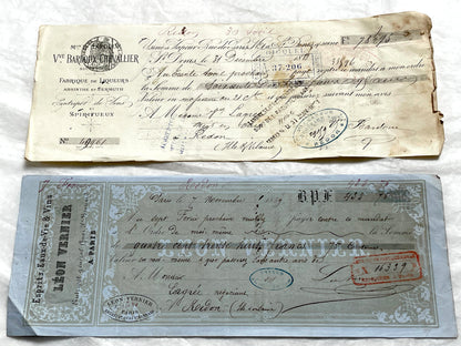 Late 19th century set of 6 French exchange letters, showcasing handwritten details and historical financial stamps.