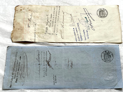 Late 19th century set of 6 French exchange letters, showcasing handwritten details and historical financial stamps.