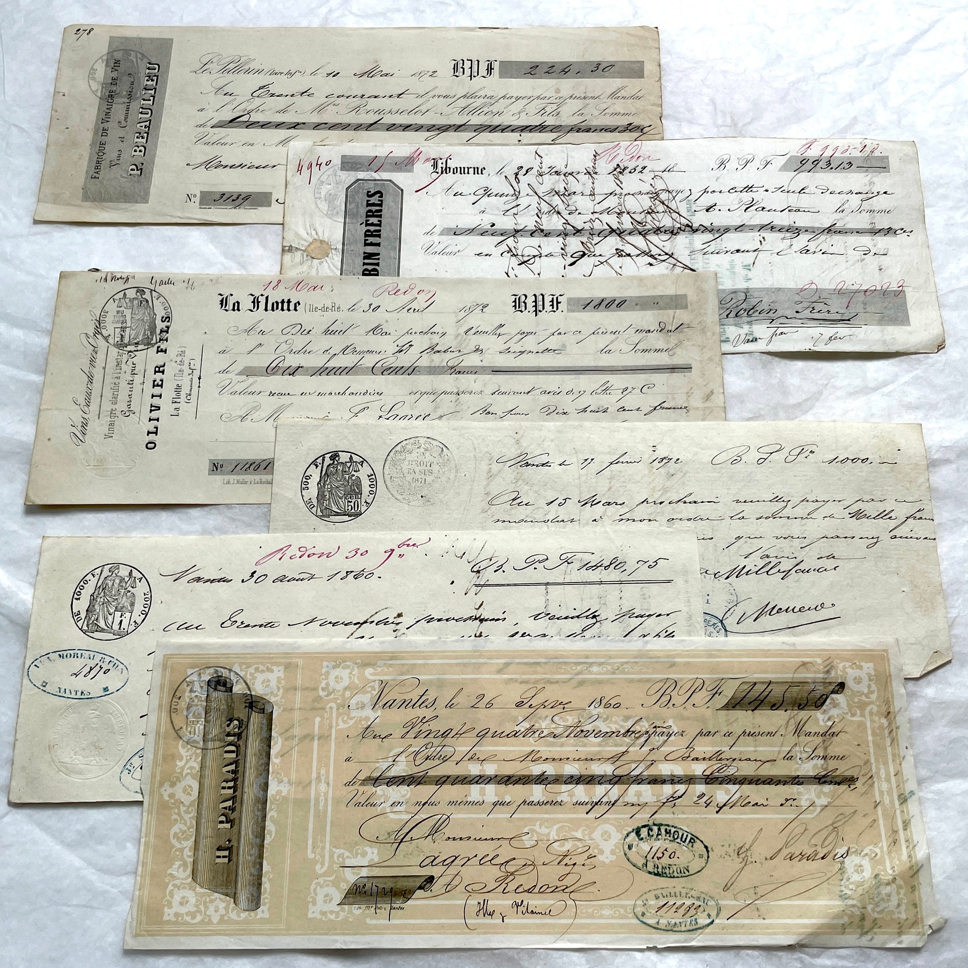 Set of 6 French Late 19th Century exchange letters with elegant script, stamps, and financial markings.
