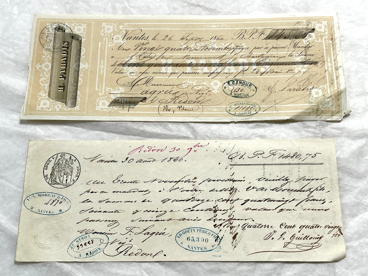 Set of 6 French Late 19th Century exchange letters with elegant script, stamps, and financial markings.