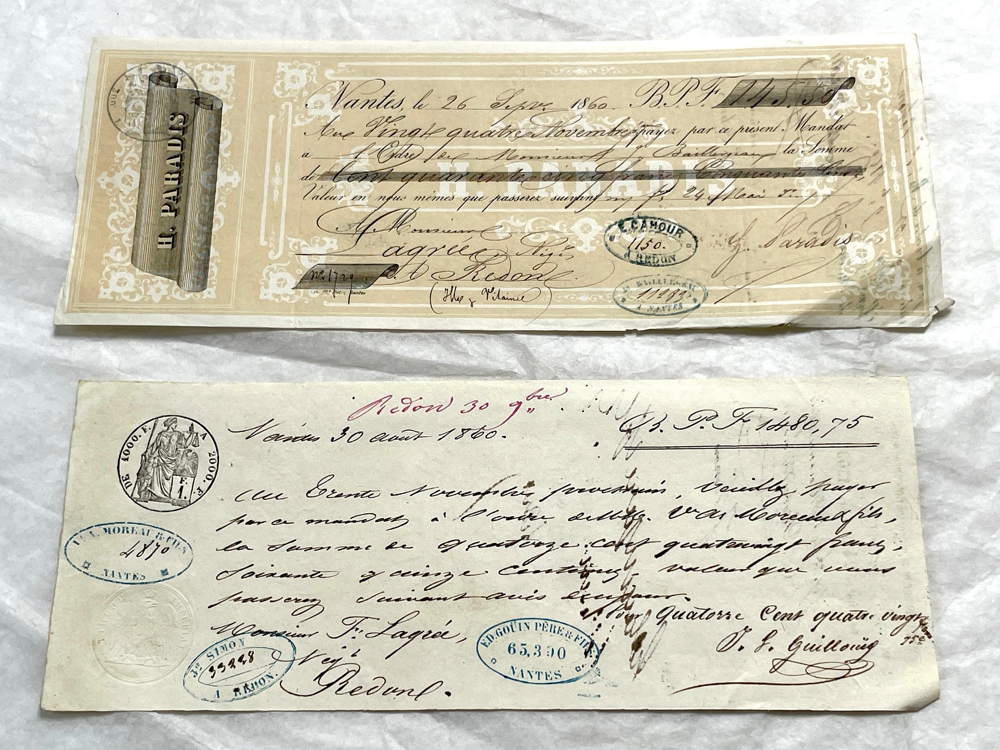 Set of 6 French Late 19th Century exchange letters with elegant script, stamps, and financial markings.