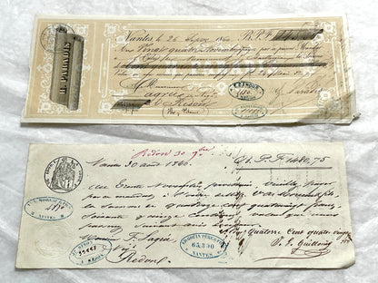 Set of 6 French Late 19th Century exchange letters with elegant script, stamps, and financial markings.