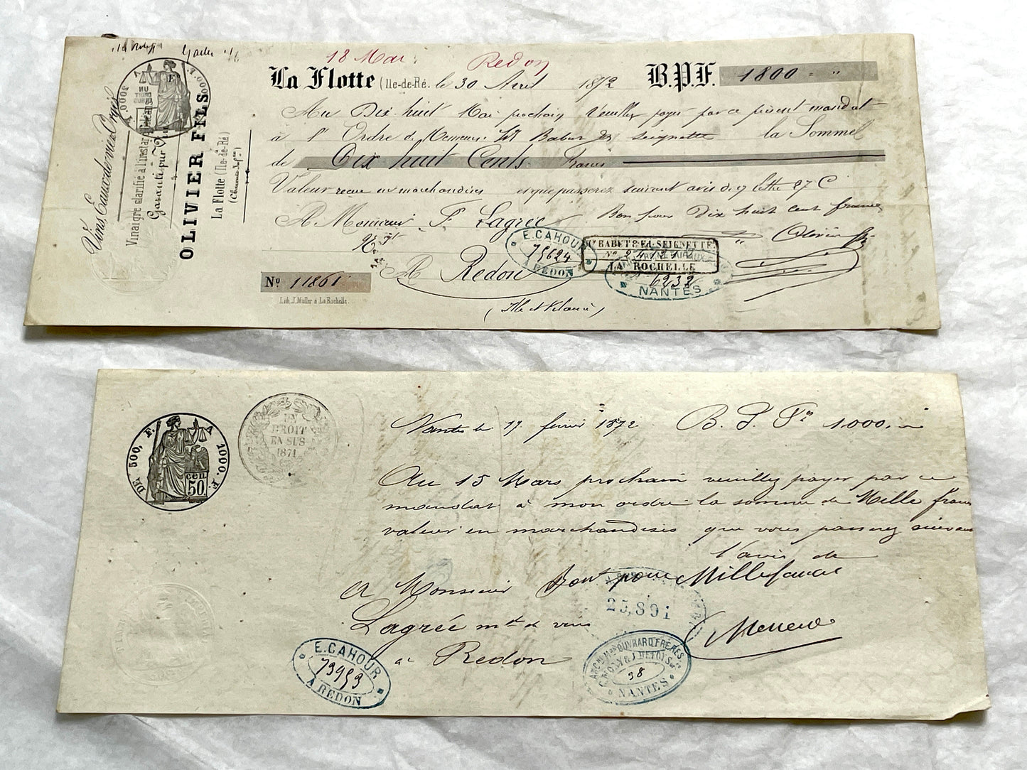 Set of 6 French Late 19th Century exchange letters with elegant script, stamps, and financial markings.