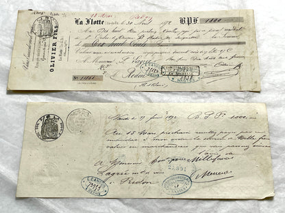 Set of 6 French Late 19th Century exchange letters with elegant script, stamps, and financial markings.