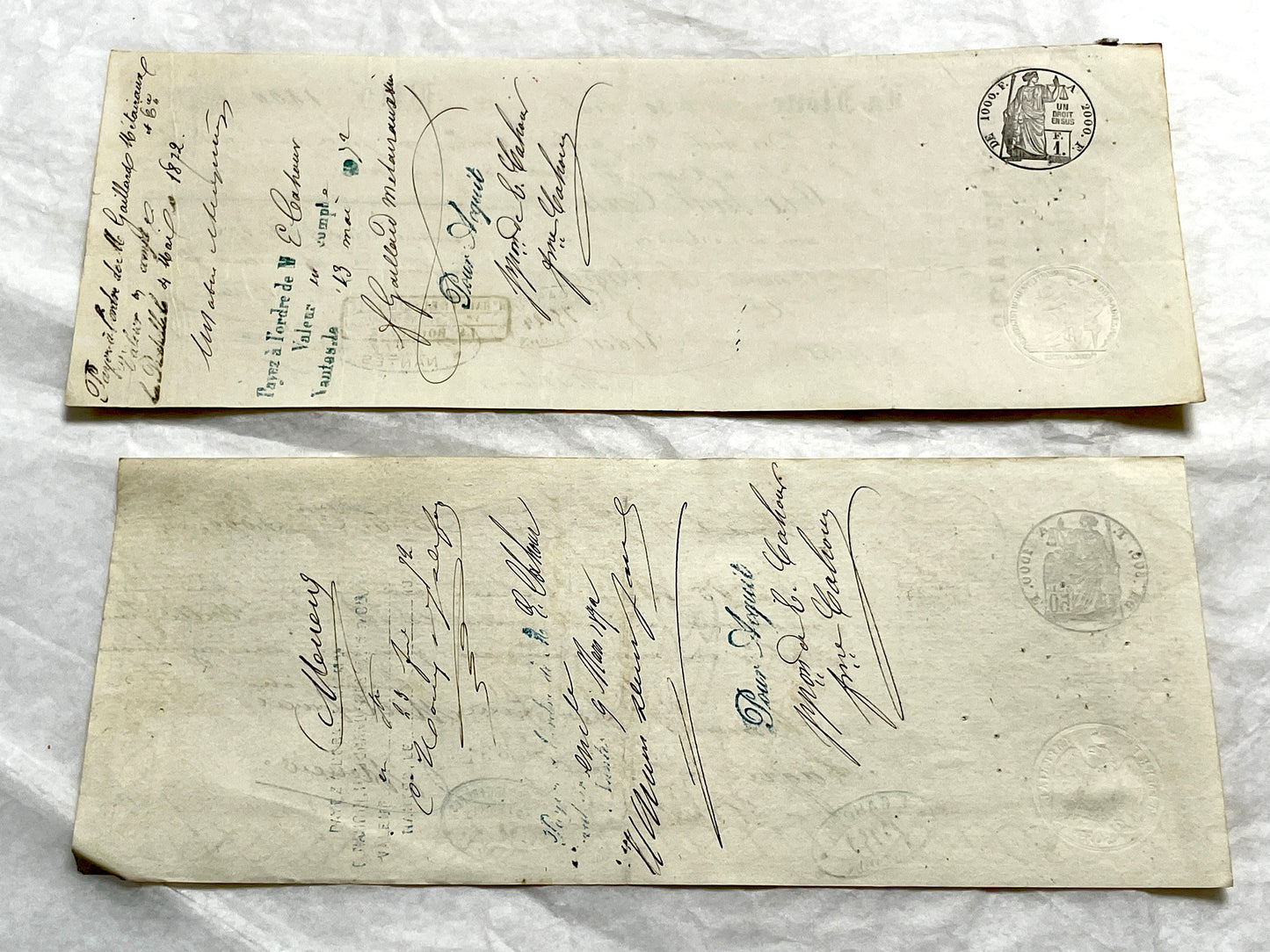 Set of 6 French Late 19th Century exchange letters with elegant script, stamps, and financial markings.