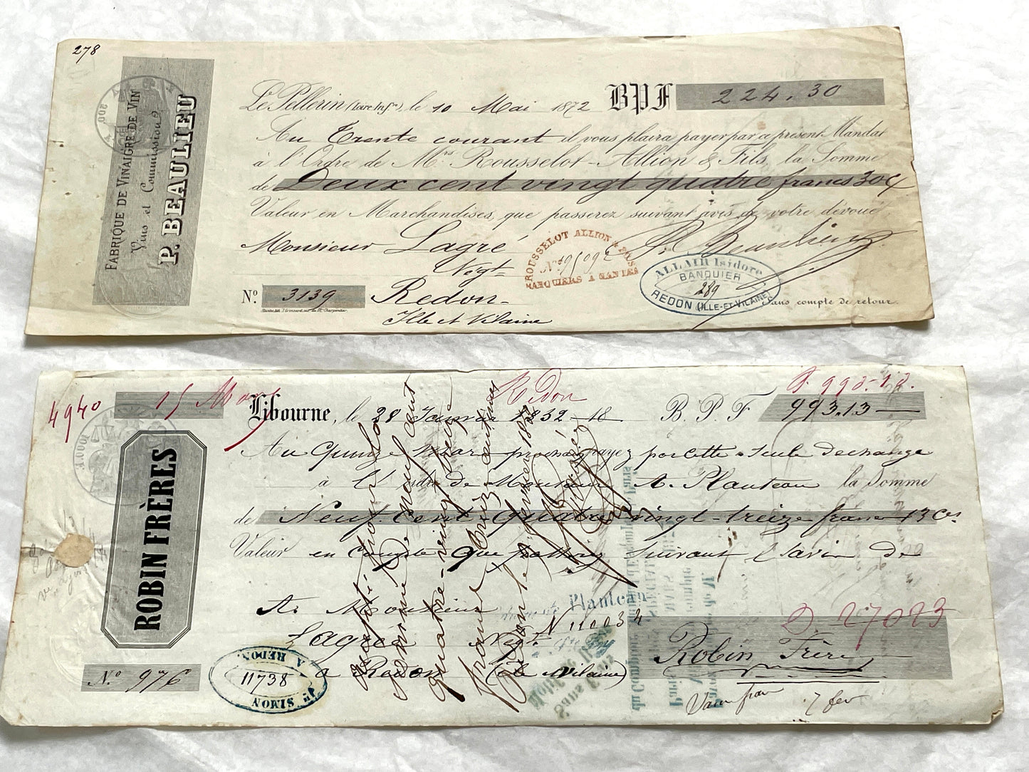 Set of 6 French Late 19th Century exchange letters with elegant script, stamps, and financial markings.