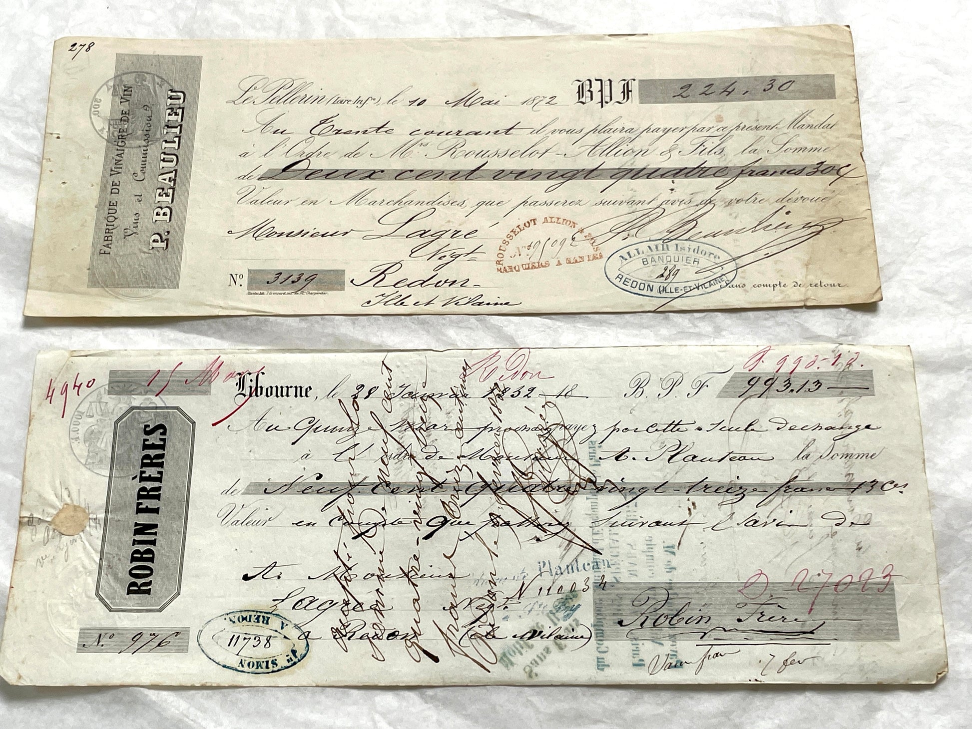 Set of 6 French Late 19th Century exchange letters with elegant script, stamps, and financial markings.