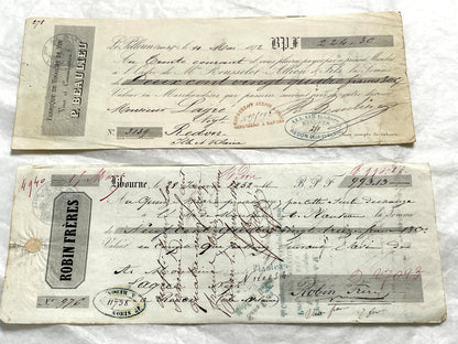 Set of 6 French Late 19th Century exchange letters with elegant script, stamps, and financial markings.