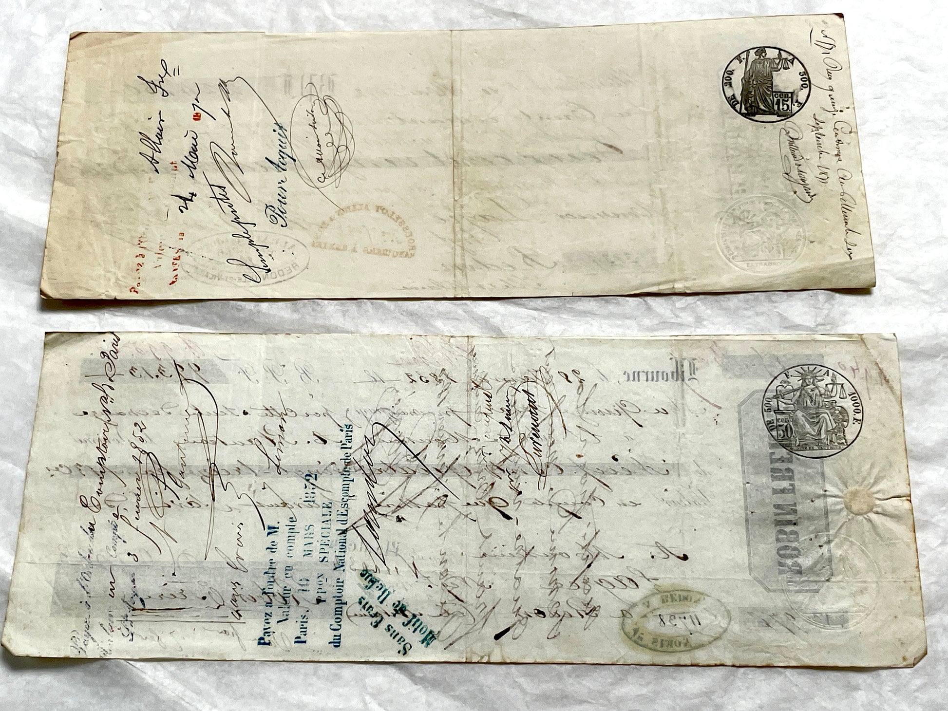 Set of 6 French Late 19th Century exchange letters with elegant script, stamps, and financial markings.
