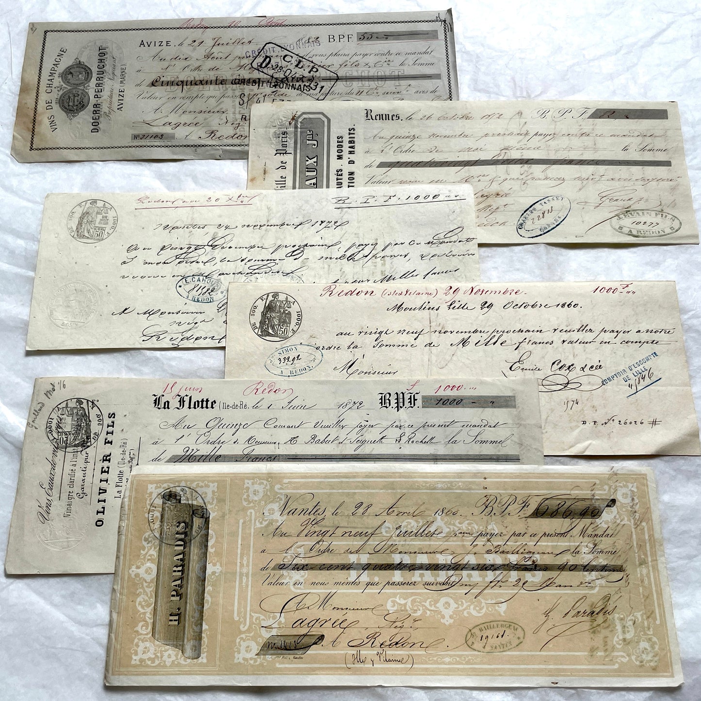 Late 19th Century French exchange letters set - historic financial documents with elegant script and stamps.