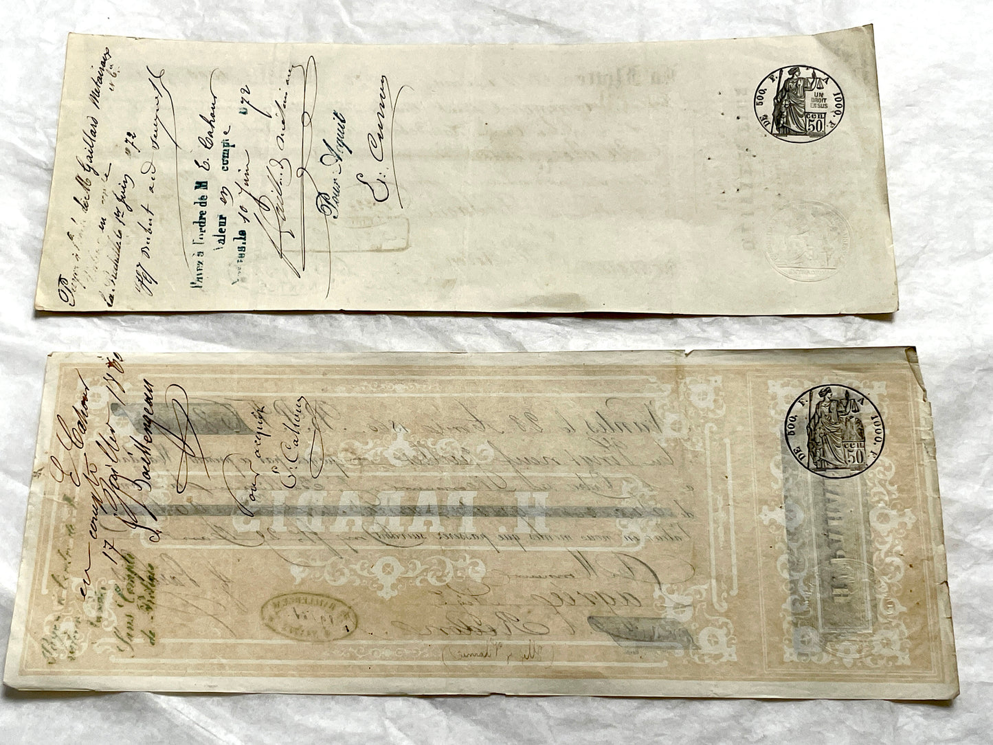 Late 19th Century French exchange letters set - historic financial documents with elegant script and stamps.
