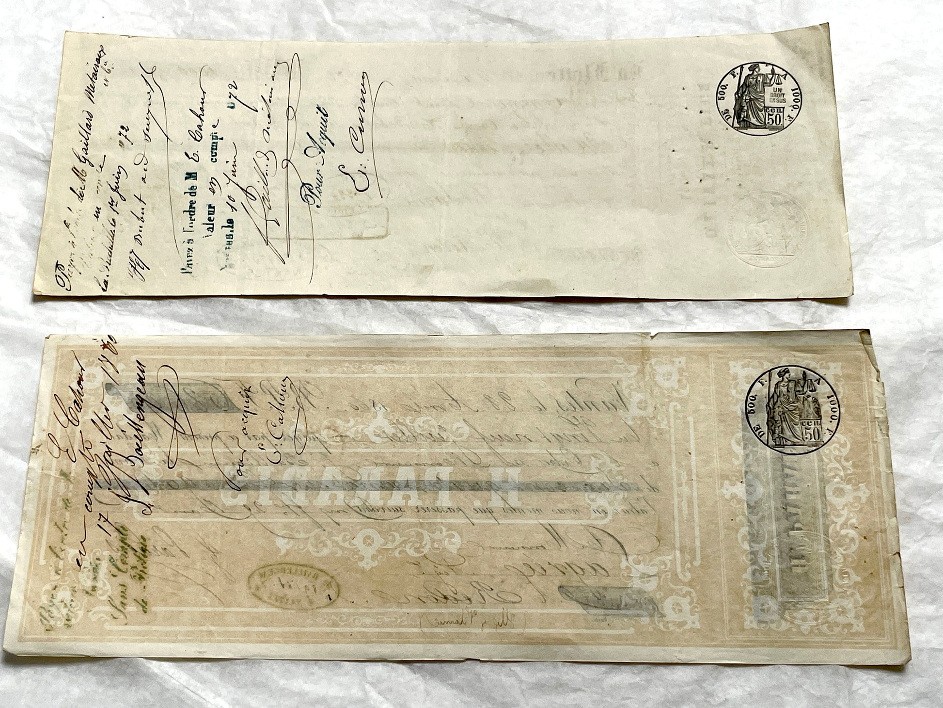 Late 19th Century French exchange letters set - historic financial documents with elegant script and stamps.