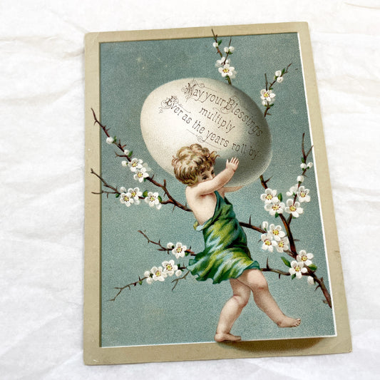 Late 19th - Vintage Chromo - Cherub Easter Egg - Spring Blossom Greeting Card - Antique Art Print - Victorian Era Ephemera Collectible