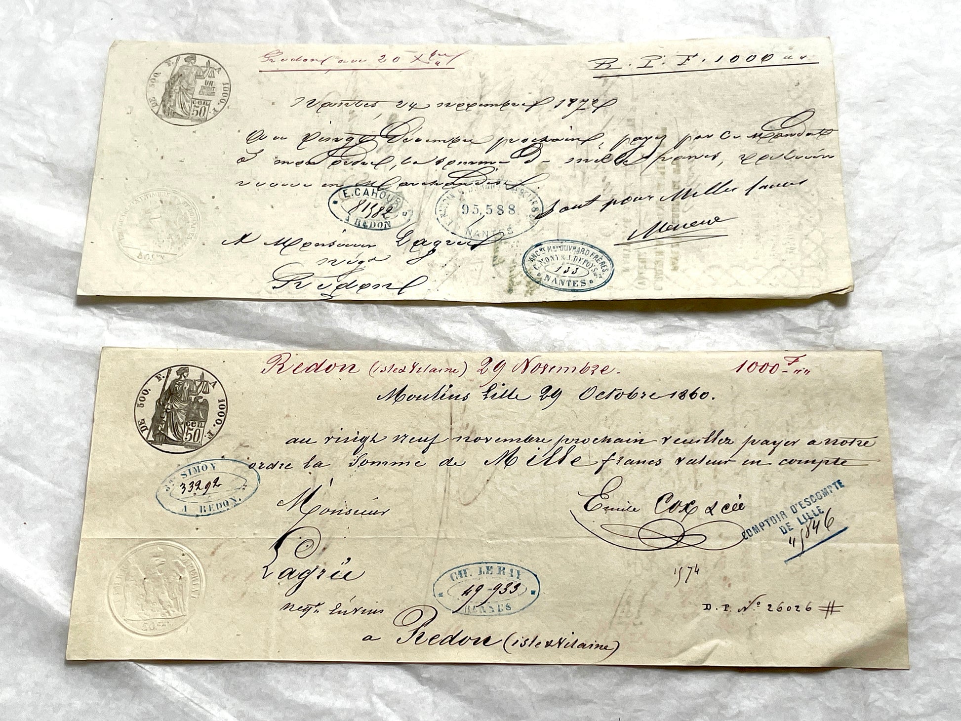 Late 19th Century French exchange letters set - historic financial documents with elegant script and stamps.