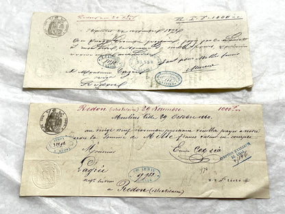 Late 19th Century French exchange letters set - historic financial documents with elegant script and stamps.