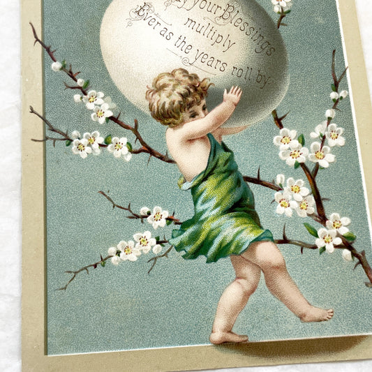 Late 19th - Vintage Chromo - Cherub Easter Egg - Spring Blossom Greeting Card - Antique Art Print - Victorian Era Ephemera Collectible