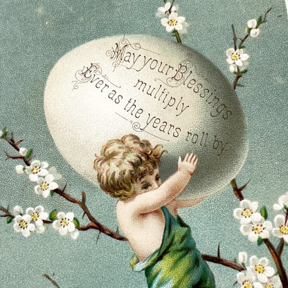 Late 19th - Vintage Chromo - Cherub Easter Egg - Spring Blossom Greeting Card - Antique Art Print - Victorian Era Ephemera Collectible