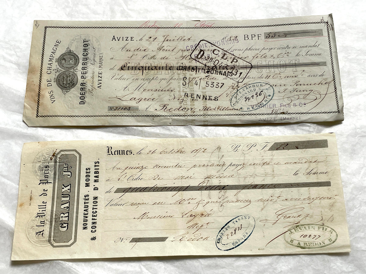 Late 19th Century French exchange letters set - historic financial documents with elegant script and stamps.