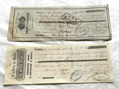 Late 19th Century French exchange letters set - historic financial documents with elegant script and stamps.