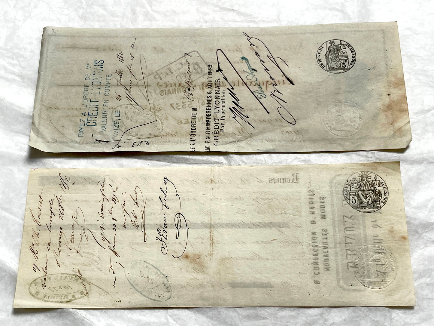 Late 19th Century French exchange letters set - historic financial documents with elegant script and stamps.
