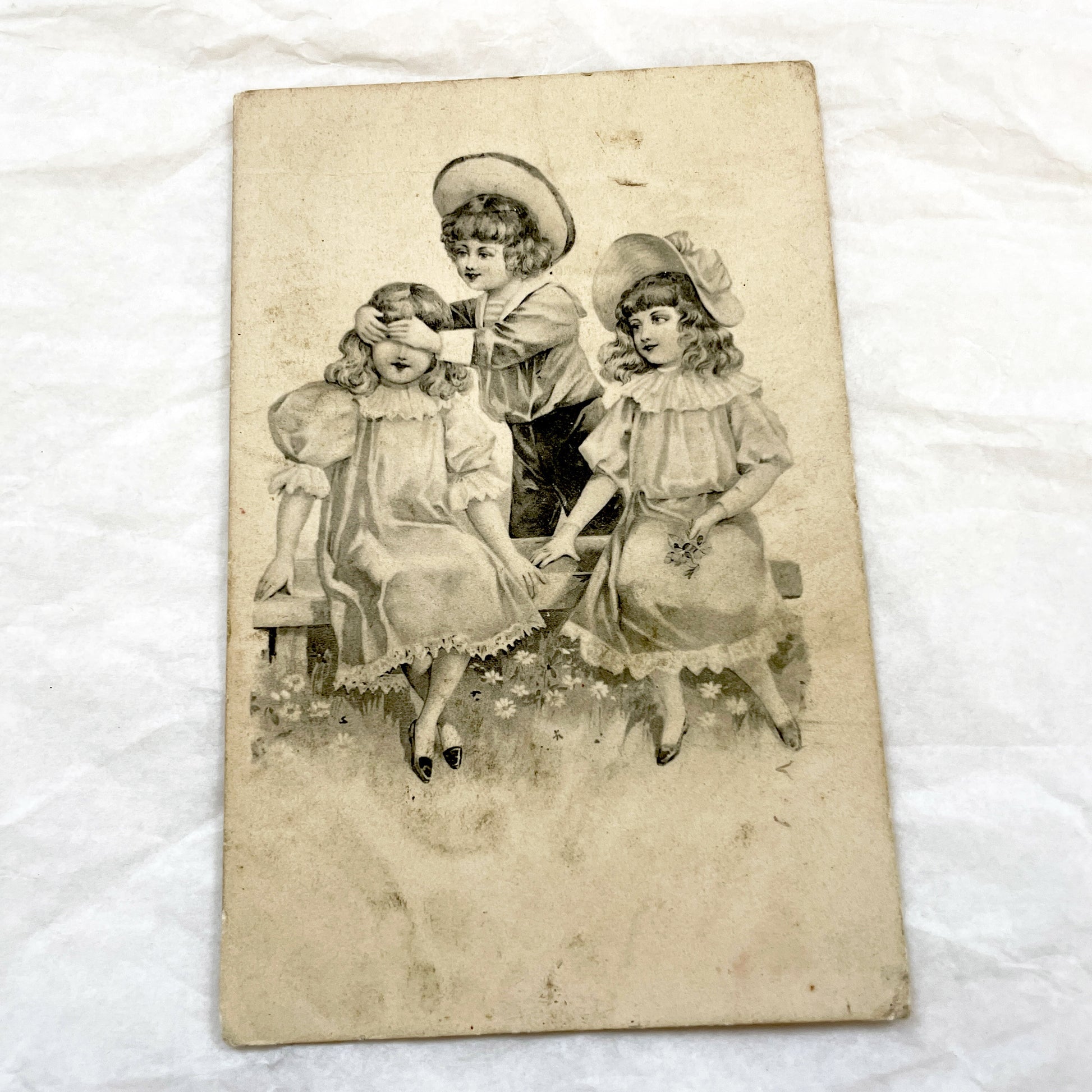1900s - Antique Postcard - Playful Children Image - Vintage Sepia Tone Chromo - Victorian Edwardian Era Aesthetic Collectible