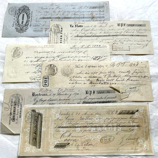Late 19th Century French exchange letters set - Handwritten financial documents with stamps and elegant calligraphy.