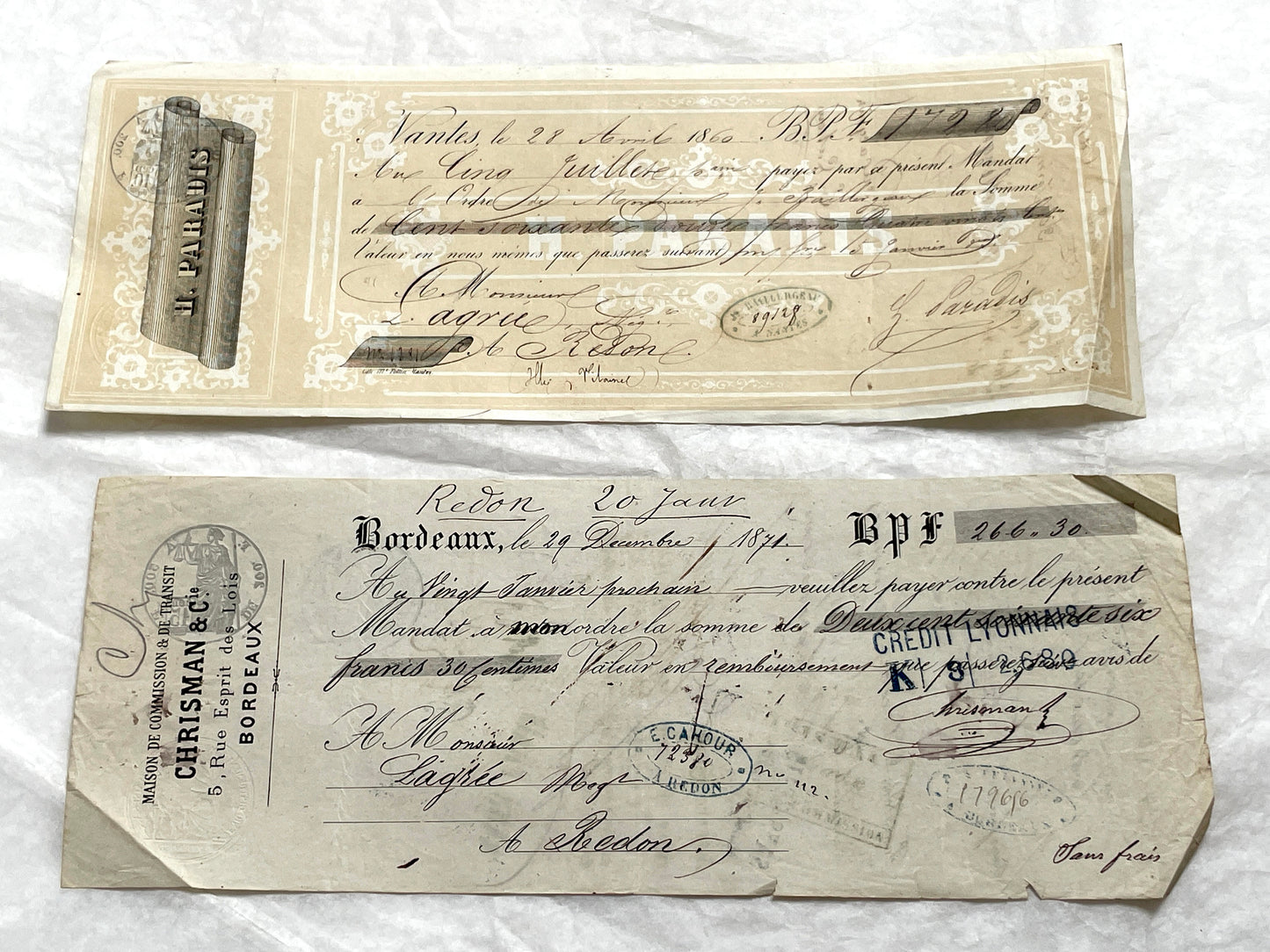Late 19th Century French exchange letters set - Handwritten financial documents with stamps and elegant calligraphy.